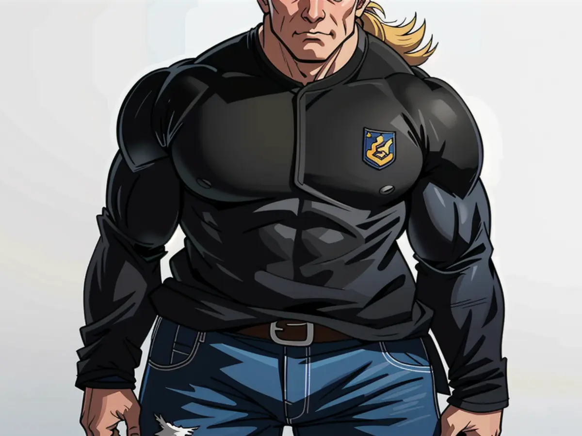 Individual donning a leather jacket with belt fastenings and light denim trousers, striking a pose against a minimal backdrop.