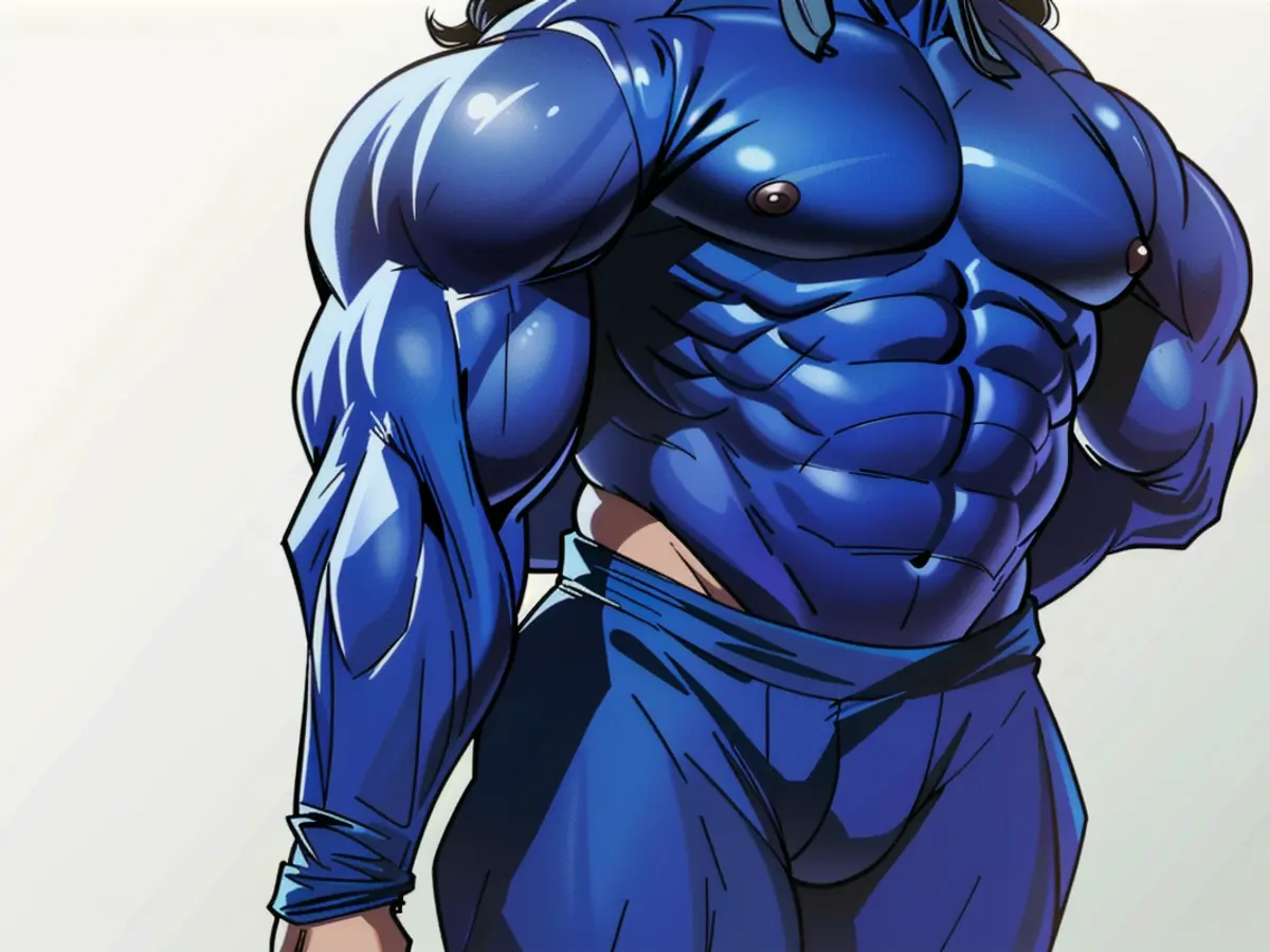 Individual sporting a blue hoodie, raised hood, and loose jeans, maintains a relaxed posture in a casual environment, with back to the observer.